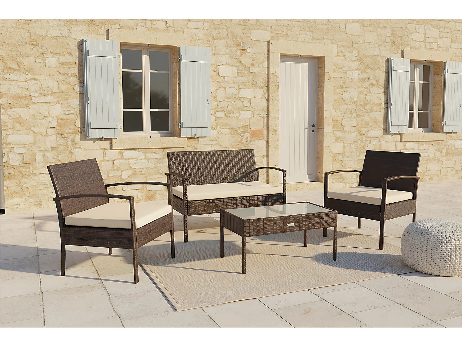 Salotto da giardino in rattan, set in polyrattan da esterno marrone