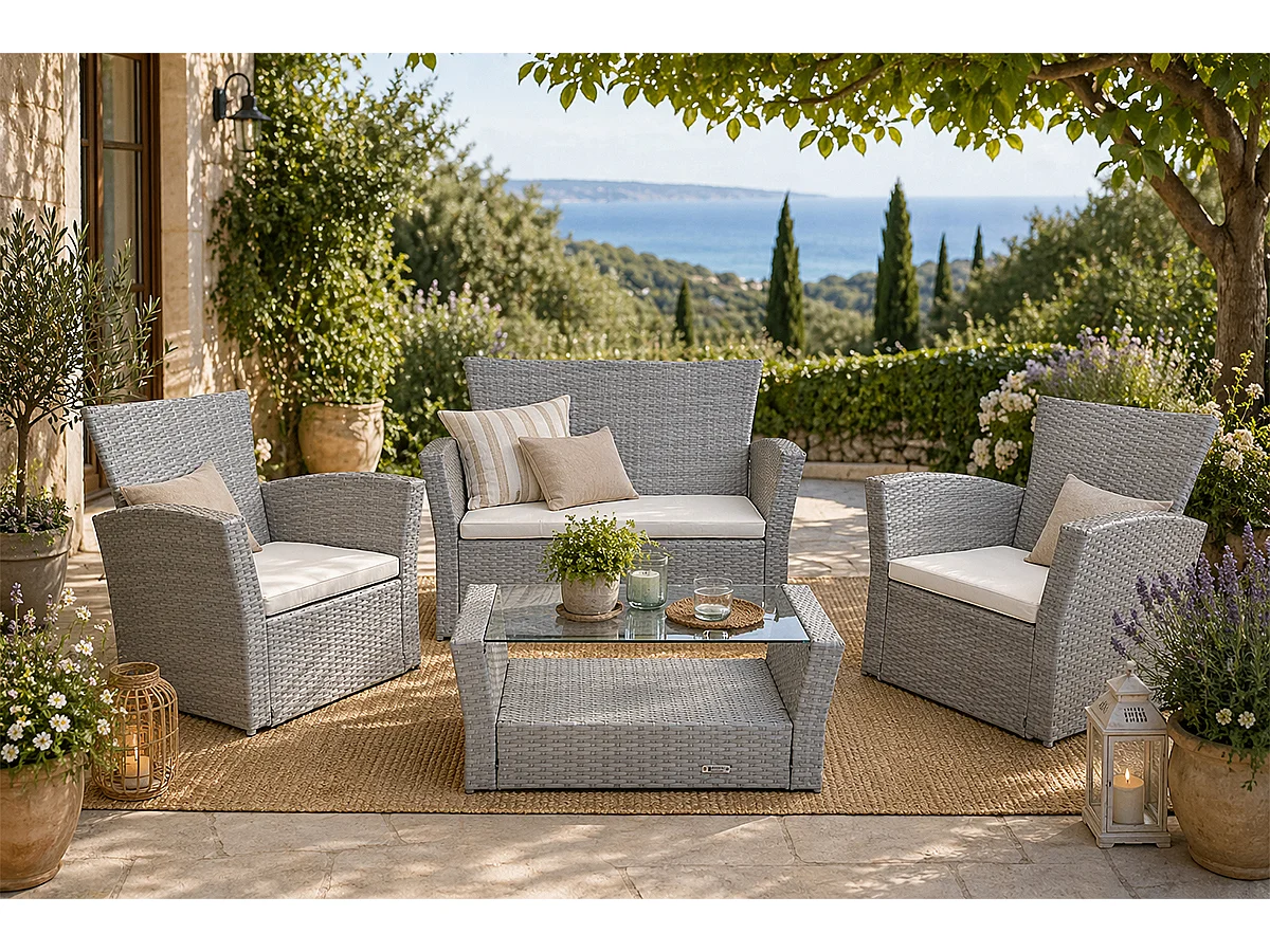 Salotto da giardino in rattan, set di divani da esterno in polyrattan tortora mod.Aurora