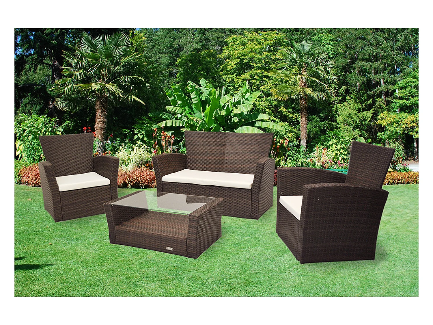 Salotto da giardino in rattan, set di divani da esterno in polyrattan marrone