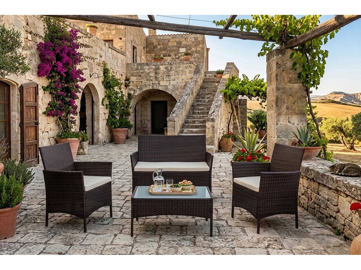 Salotto da giardino in rattan, set di divani da esterno in polyrattan marrone