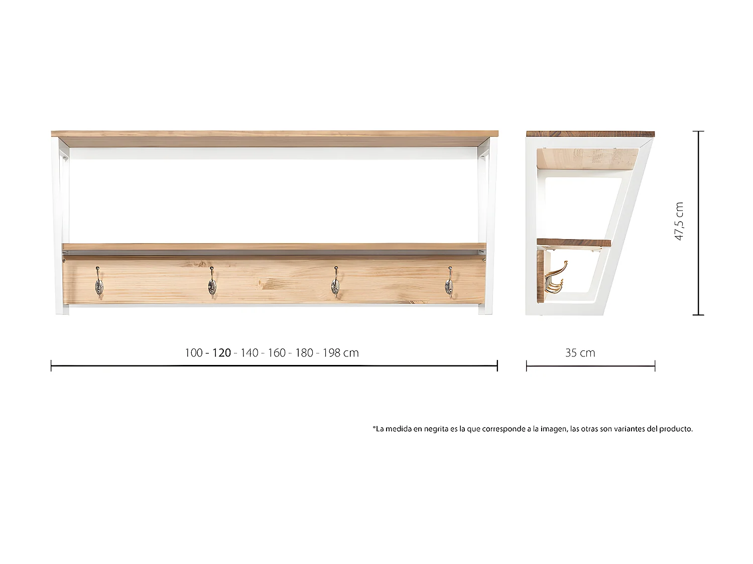 Étagère polygonal portemanteau 100x35x47 Blanc  2 supports industriel