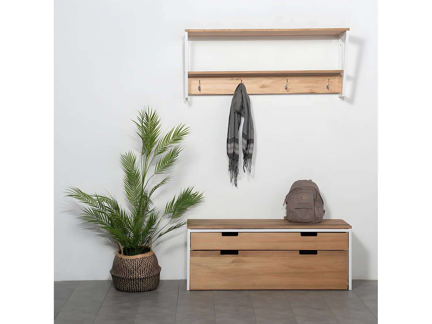 Étagère polygonal portemanteau 100x35x47 Blanc  2 supports industriel