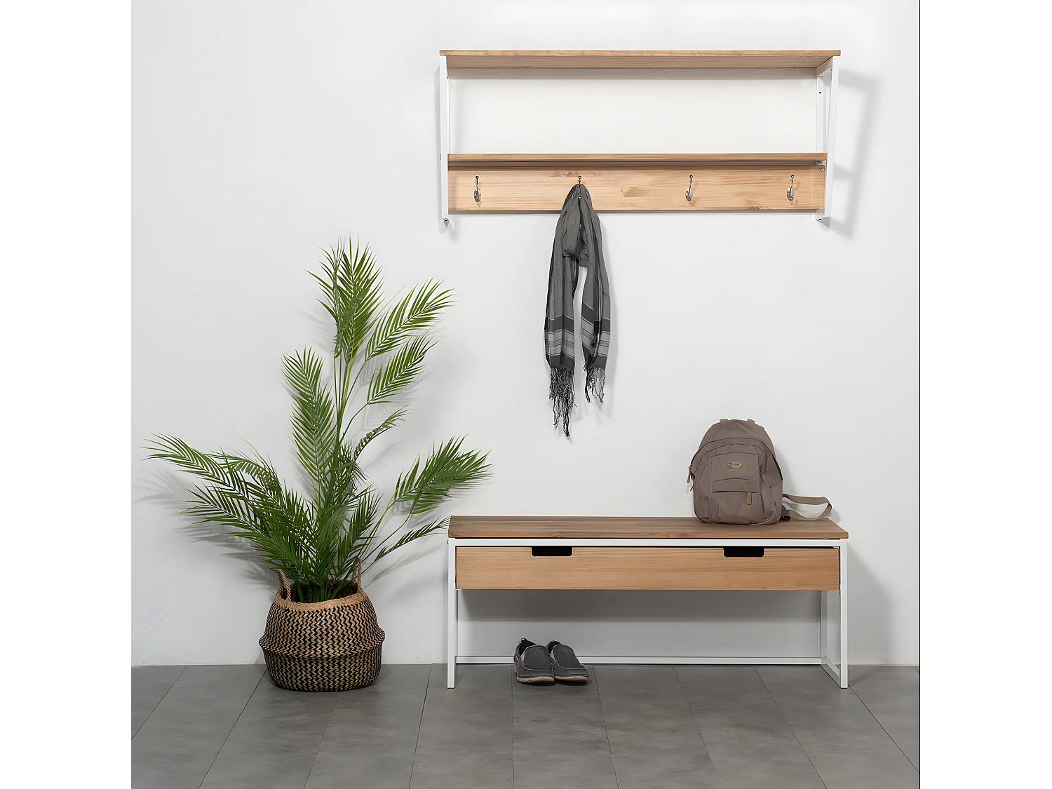 Étagère polygonal portemanteau 140x35x47 Blanc  2 supports industriel