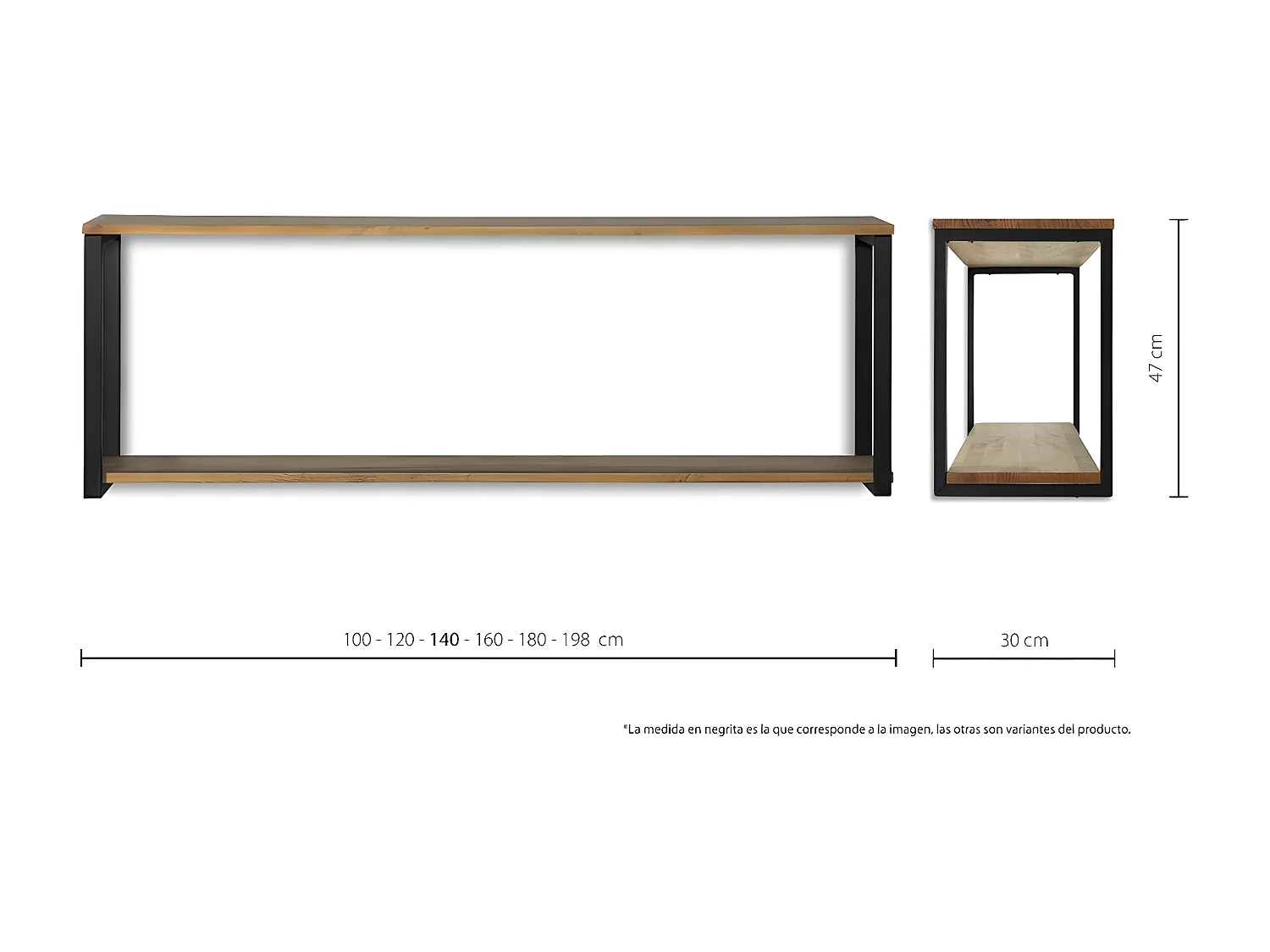 Estantería colgante iCub Big Wood 2 Estantes 2 Marcos 120x30x47cm Negro en madera maciza de pino acabado vintage estilo industrial Box Furniture