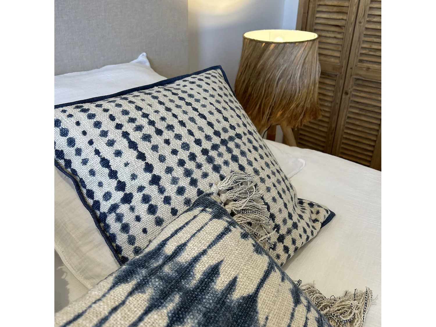 Now's Home - Coussin En Coton Imprime Bleu Mer Passepoil Bleu 45x45cm Galo