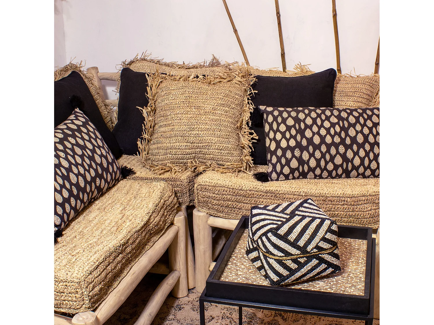 Now's Home - Coussin Carre En Raphia Naturel Avec Franges 40x40x17cm Syros