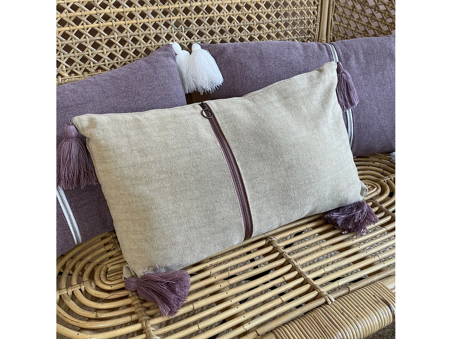 Now's Home - Coussin Beige 100% Coton Lavé Zip Déco. Vertical 30x50cm Agra