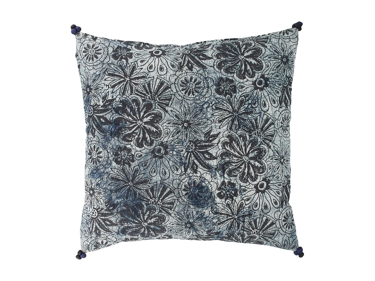 Now's Home - Coussin En Coton Imprime Bleu Et Noir 4 Pompons 45x45 Cm Melting