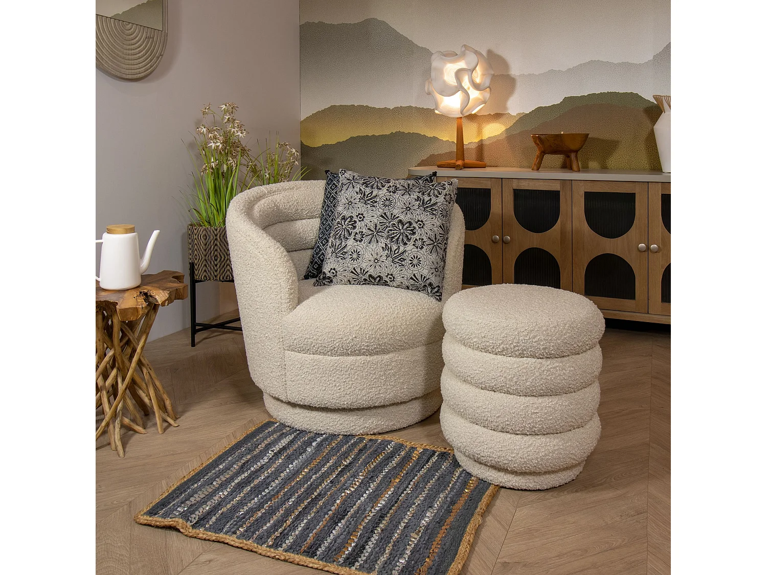 Now's Home - Coussin En Coton Imprime Bleu Et Noir 4 Pompons 45x45 Cm Melting