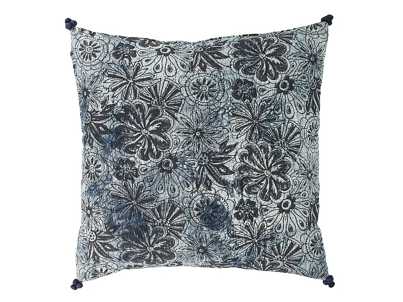 Now's Home - Coussin En Coton Imprime Bleu Et Noir 4 Pompons 45x45 Cm Melting