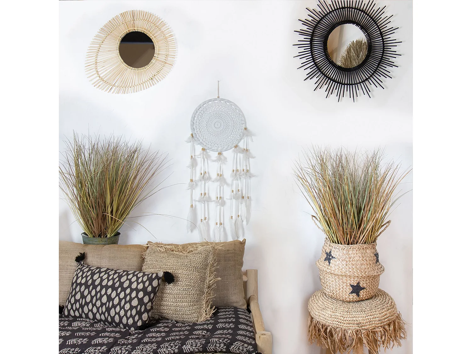 Now's Home - Attrape Reve En Plumes Et Coton Blanc O33x100cm Pokana