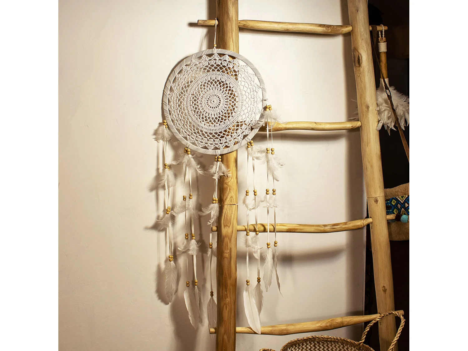 Now's Home - Attrape Reve En Plumes Et Coton Blanc O33x100cm Pokana
