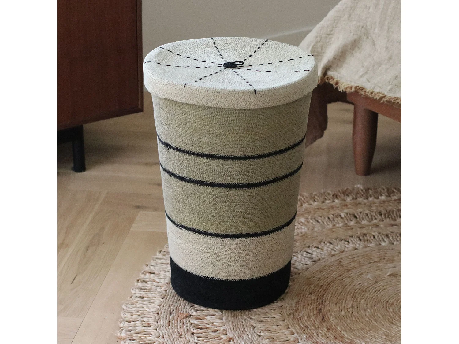 Now's Home - Panier A Linge En Jonc De Mer Naturel Et Noir 38xh57cm Grenada