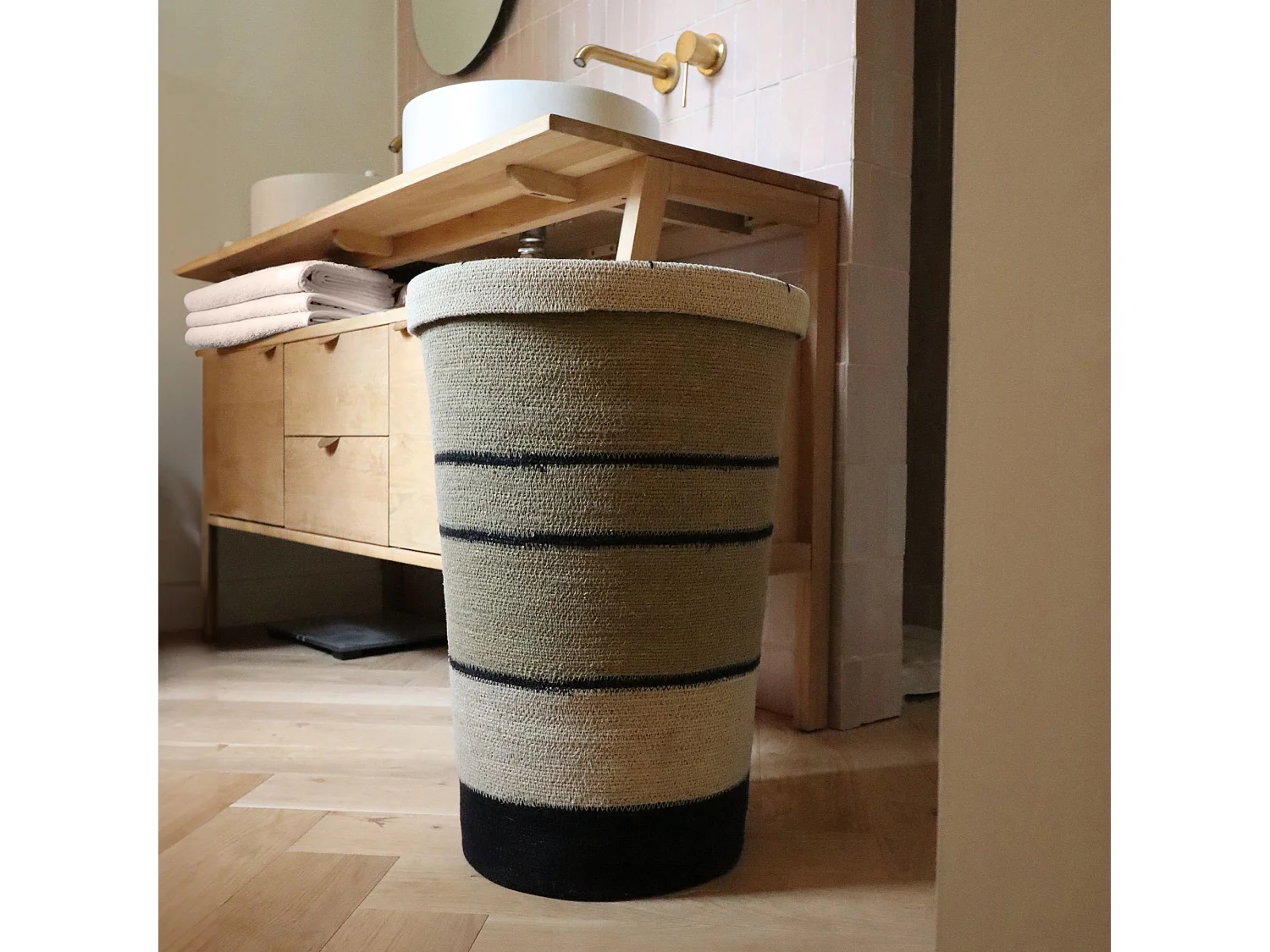 Now's Home - Panier A Linge En Jonc De Mer Naturel Et Noir 38xh57cm Grenada