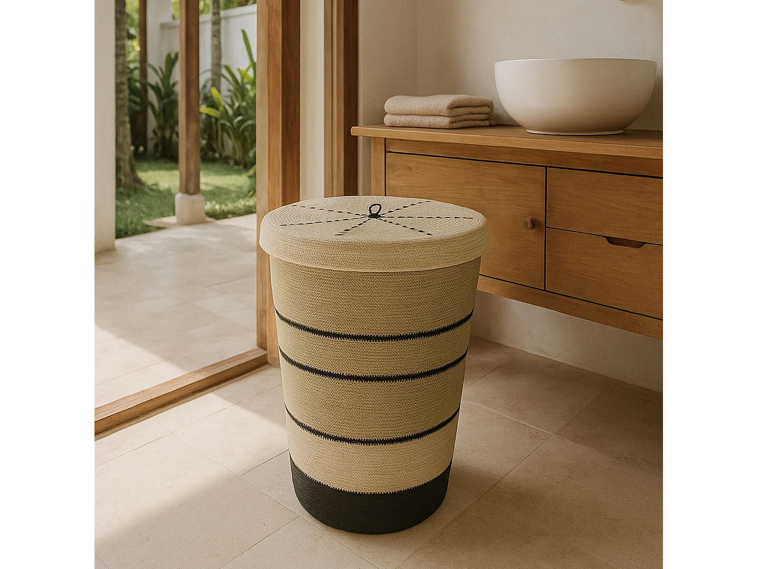 Now's Home - Panier à Linge En Jonc De Mer Naturel Et Noir 38xh57cm Grenada