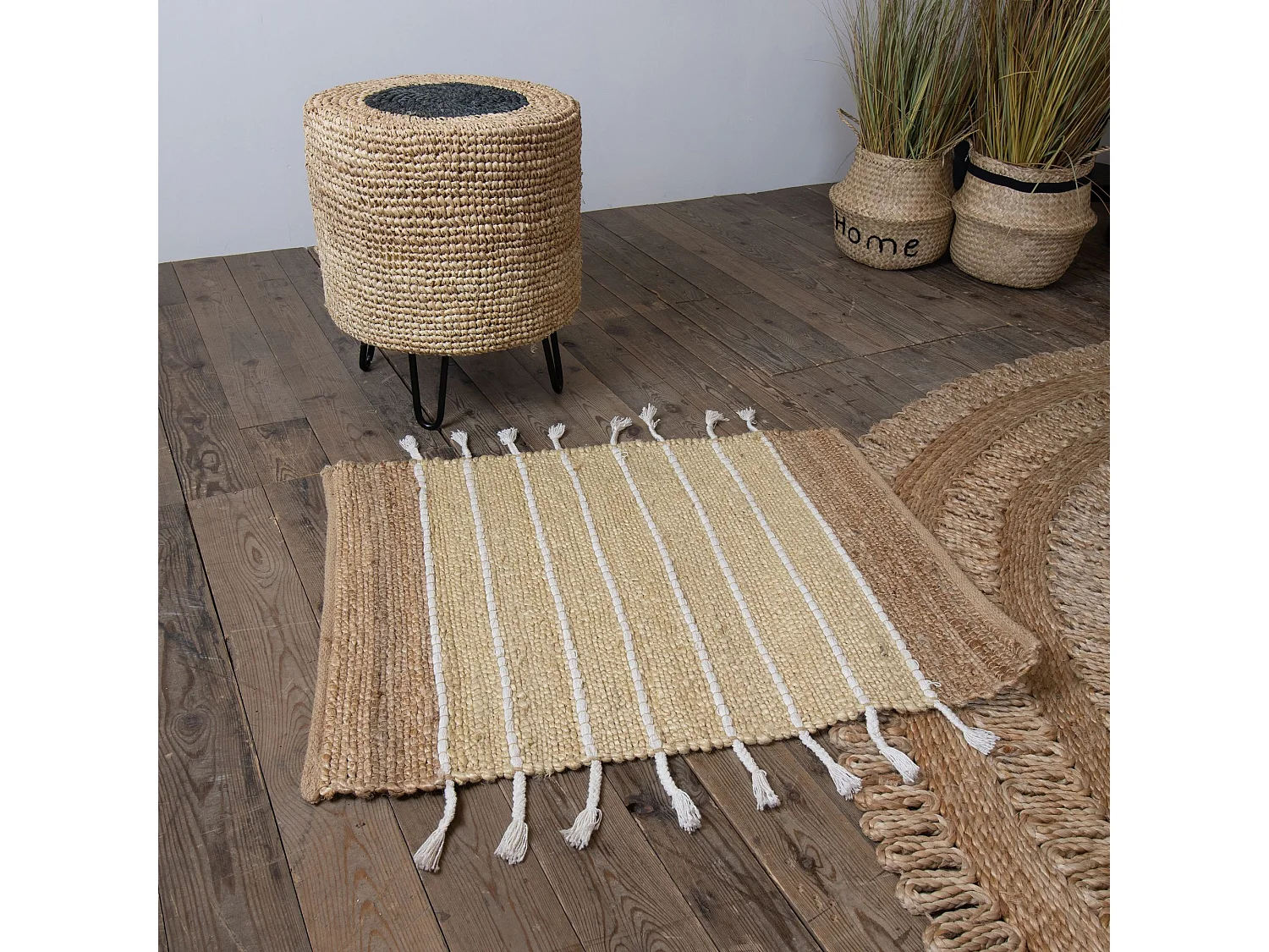 Now's Home - Tapis Naturel Rayures Blanches En Jute Et Coton 80x60cm Didim