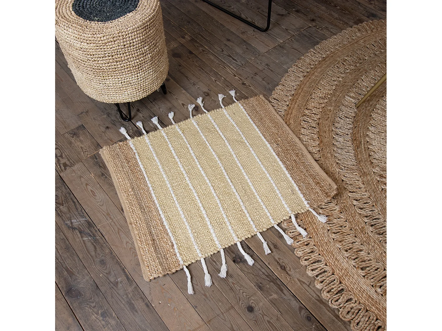 Now's Home - Tapis Naturel Rayures Blanches En Jute Et Coton 80x60cm Didim