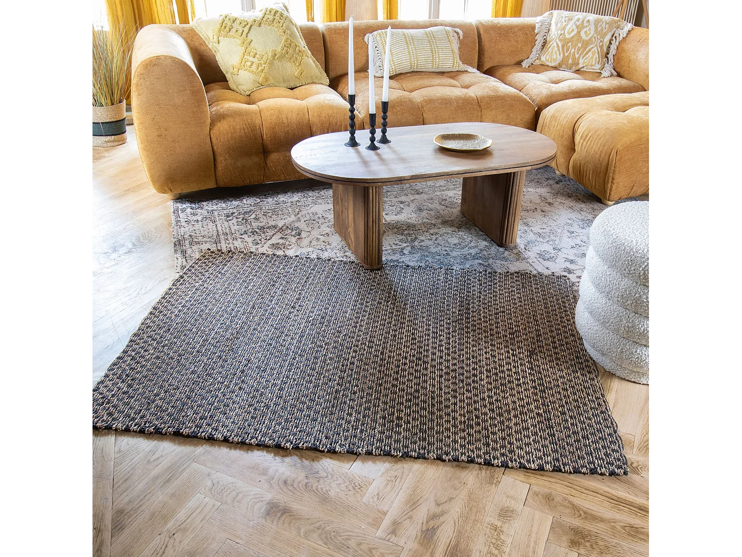 Now's Home - Tapis En Osier Couleur Naturel & Noir 100x150cm Phiphi