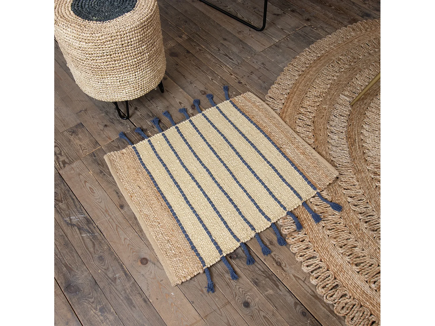 Now's Home - Tapis Beige/ecru Rayures Bleu En Jute Et Coton 80x60cm Didim