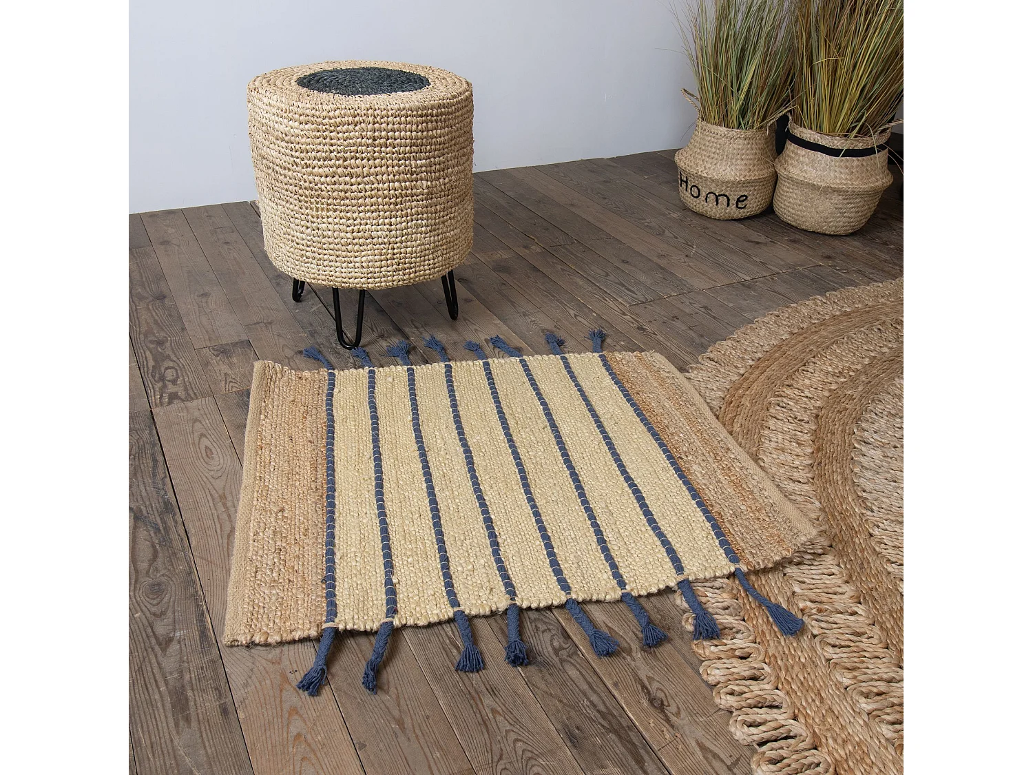 Now's Home - Tapis Beige/ecru Rayures Bleu En Jute Et Coton 80x60cm Didim