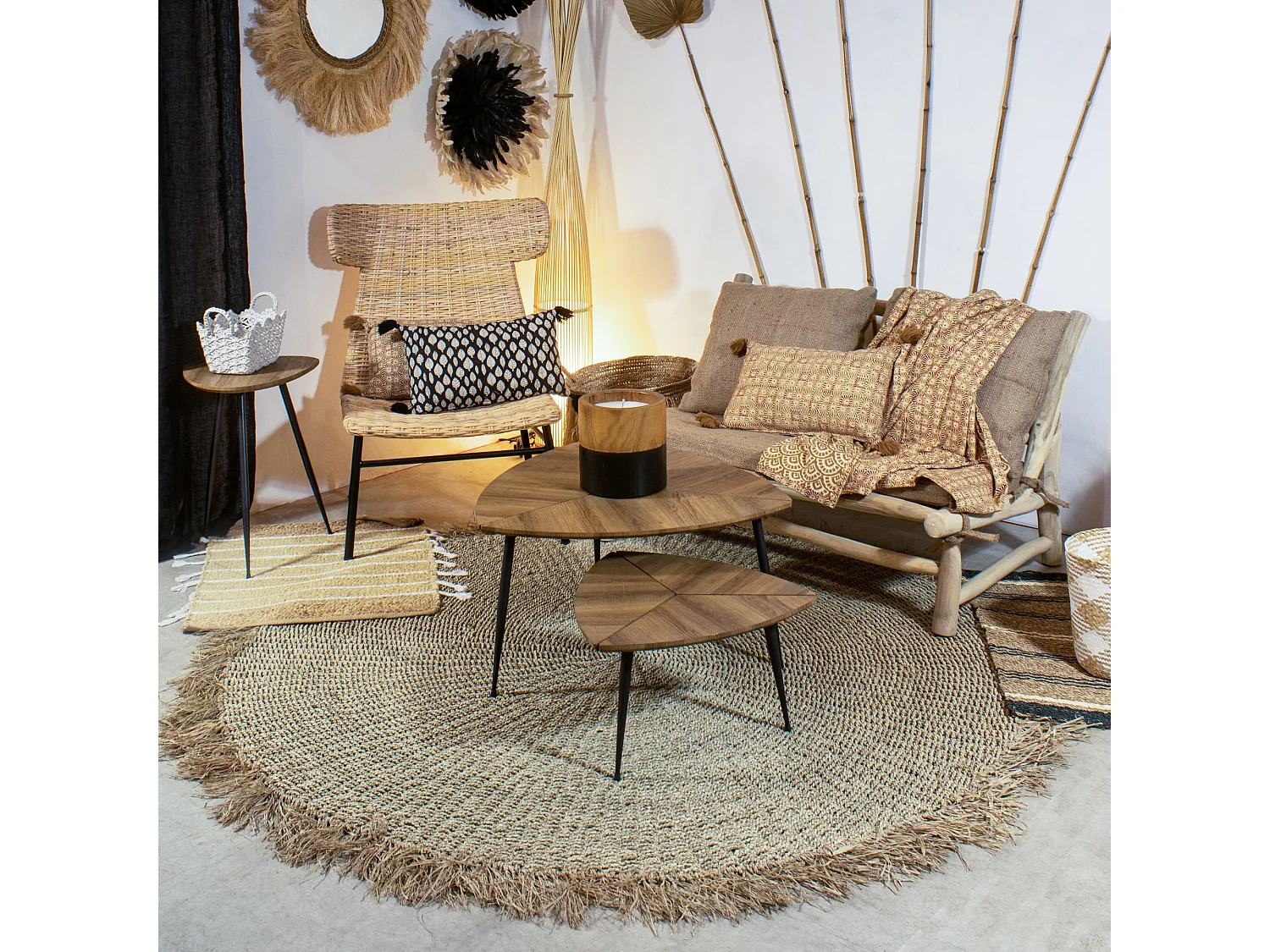 Now's Home - Tapis Rond En Fibres Naturelles De Mendong Frange D180cm Serifos