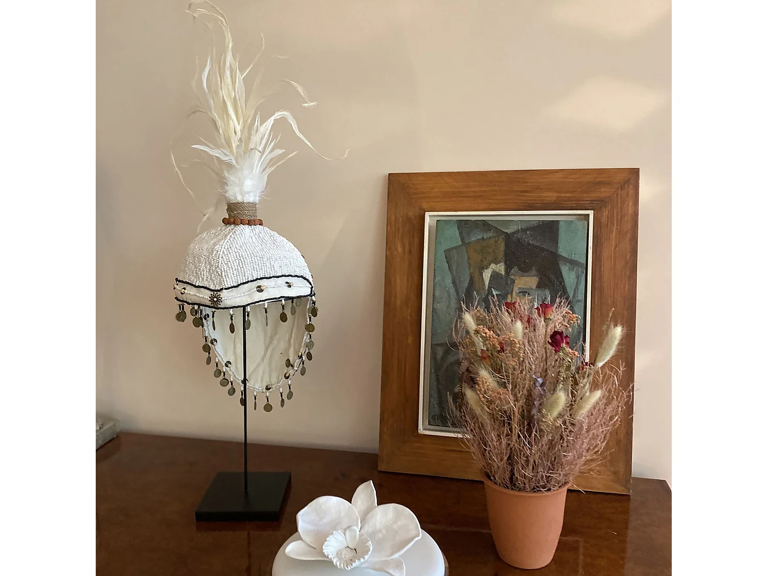 Now's Home - Coiffe Traditionnelle Brodee De Perles Et De Plumes O18x70 Cm Sanath