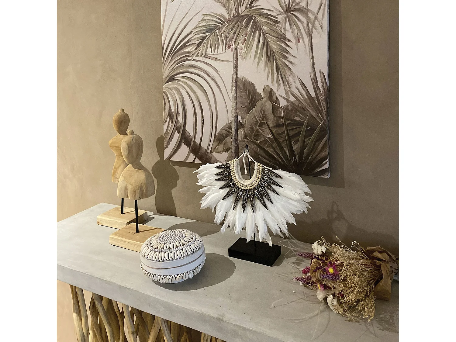 Now's Home - Collier En Plumes Blanches Et Coquillages 33x7.5x32 Papua