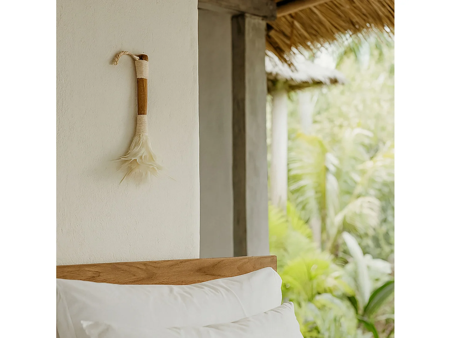 Now's Home - Plumeau Blanc Décoratif En Bambou Et Plumes 25x28x44 Cm Kemoa