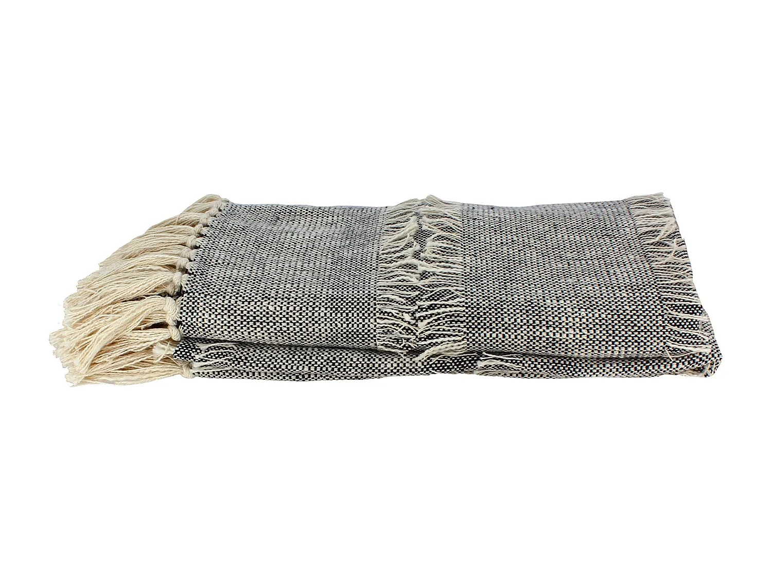 Now's Home - Plaid En Coton Tisse Main Mouchete Beige Noir Franges 125x150 Sherpa