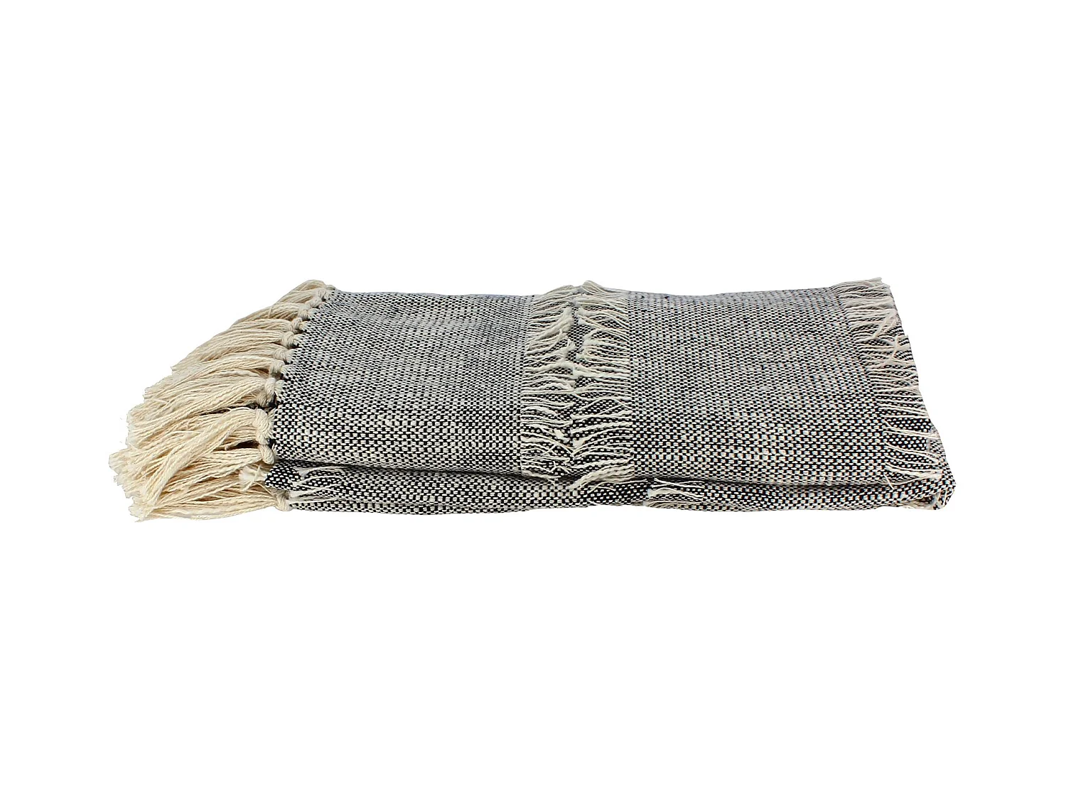 Now's Home - Plaid En Coton Tisse Main Mouchete Beige Noir Franges 125x150 Sherpa