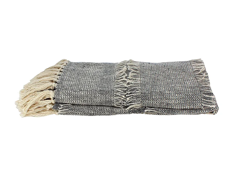Now's Home - Plaid En Coton Tisse Main Mouchete Beige Noir Franges 125x150 Sherpa