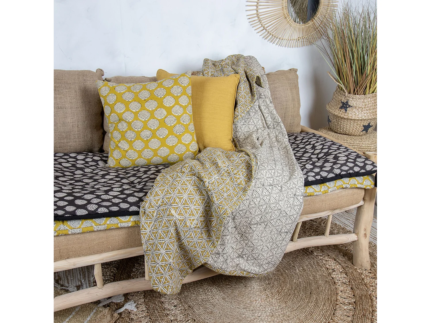 Now's Home - Courte Pointe En Coton Imprime Jaune Moutarde 110x160cm Housnia