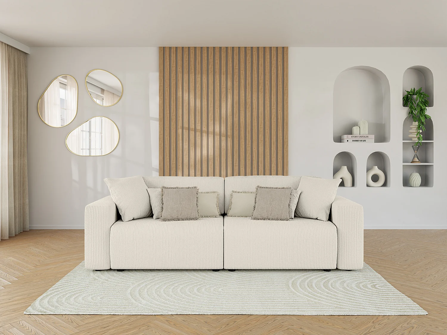 Canapé droit LEO convertible velours côtelé beige 3 places