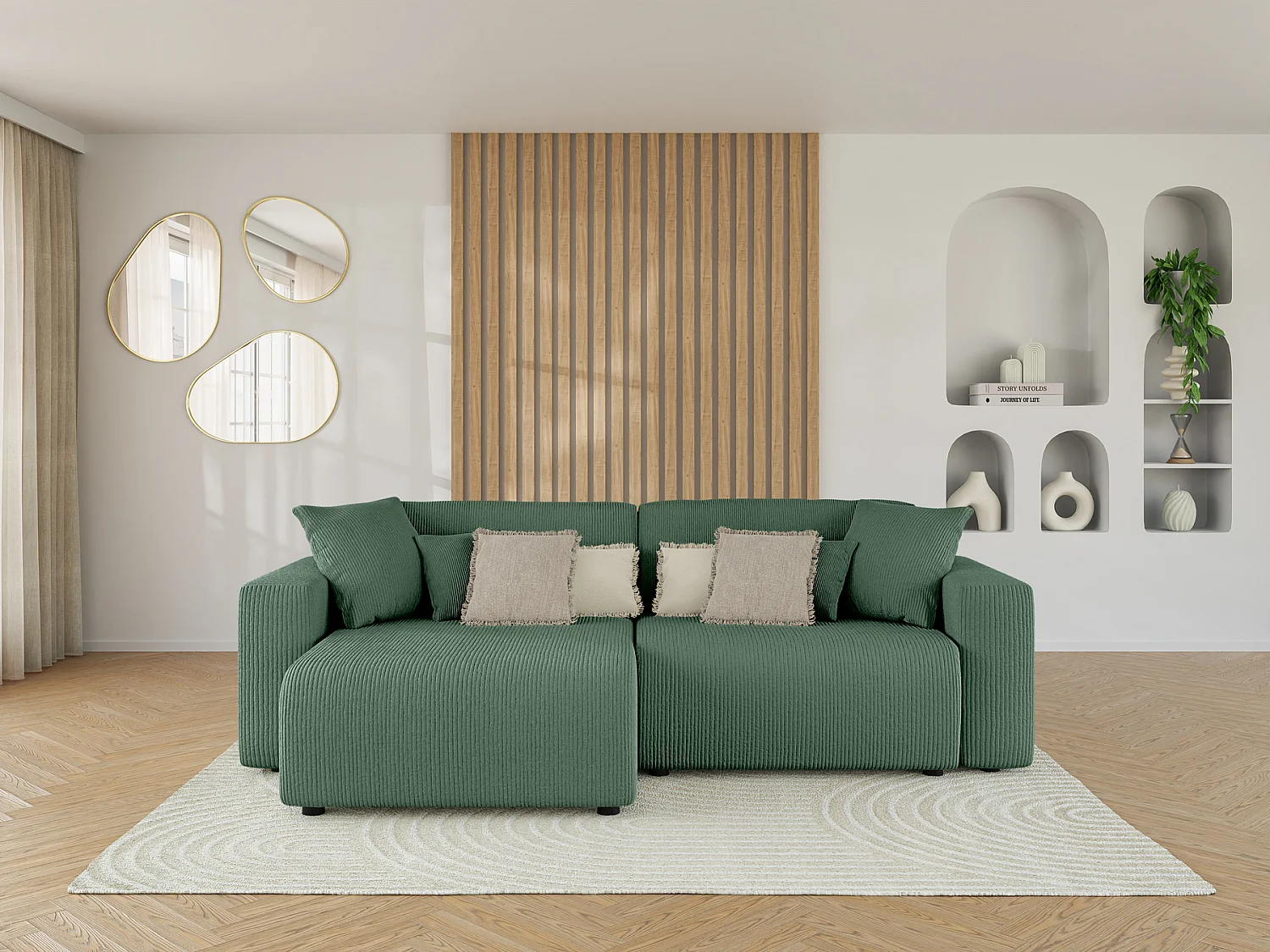 Canapé d'angle LEO convertible velours côtelé vert 4 places