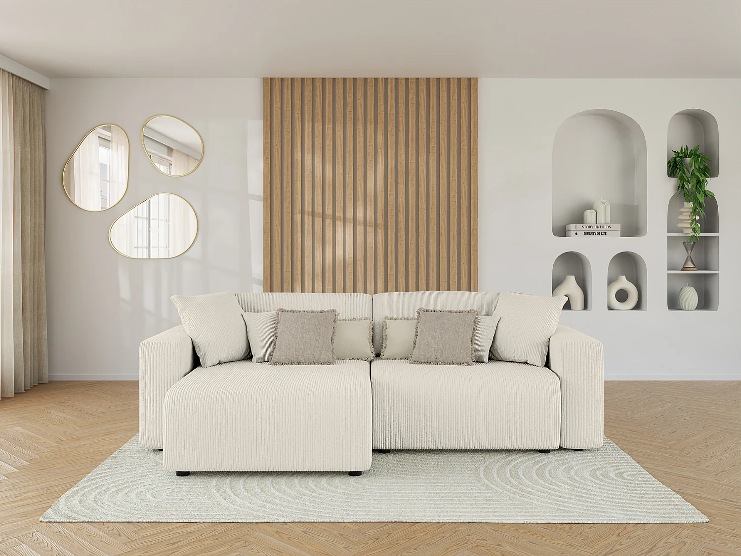 Canapé d'angle LEO convertible velours côtelé beige 4 places