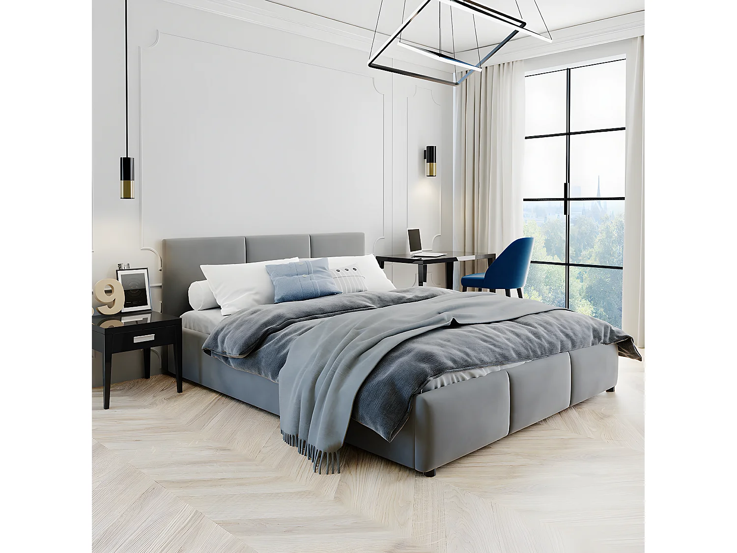 Lit capitonné 160x200 avec coffre de rangement pour literie gris HLR-22 Nela