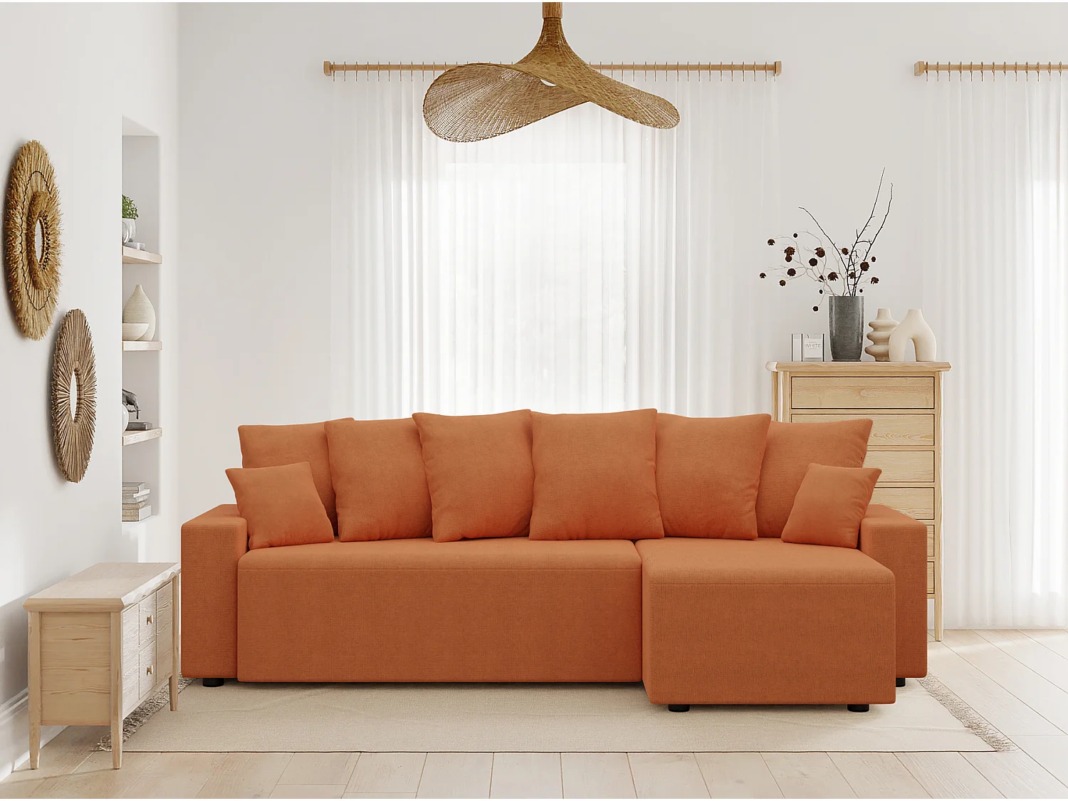 Canapé d'angle ALMA convertible tissu rouille 4 places