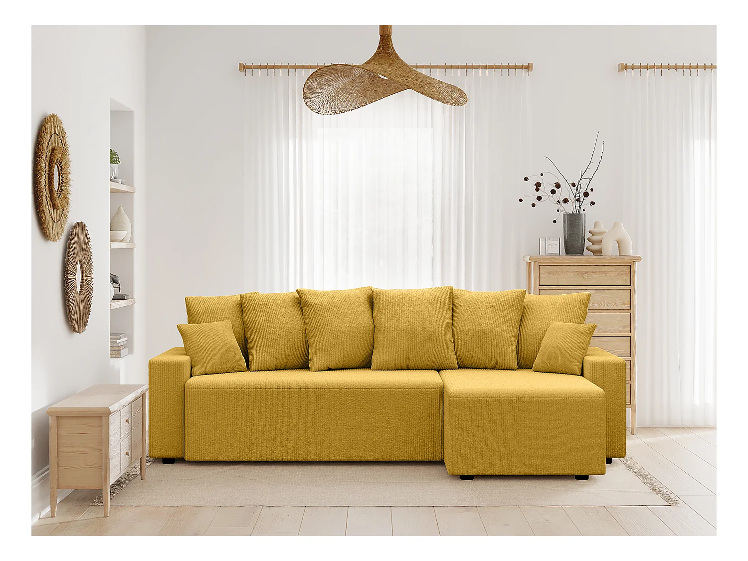 Canapé d'angle ALMA convertible velours côtelé jaune 4 places
