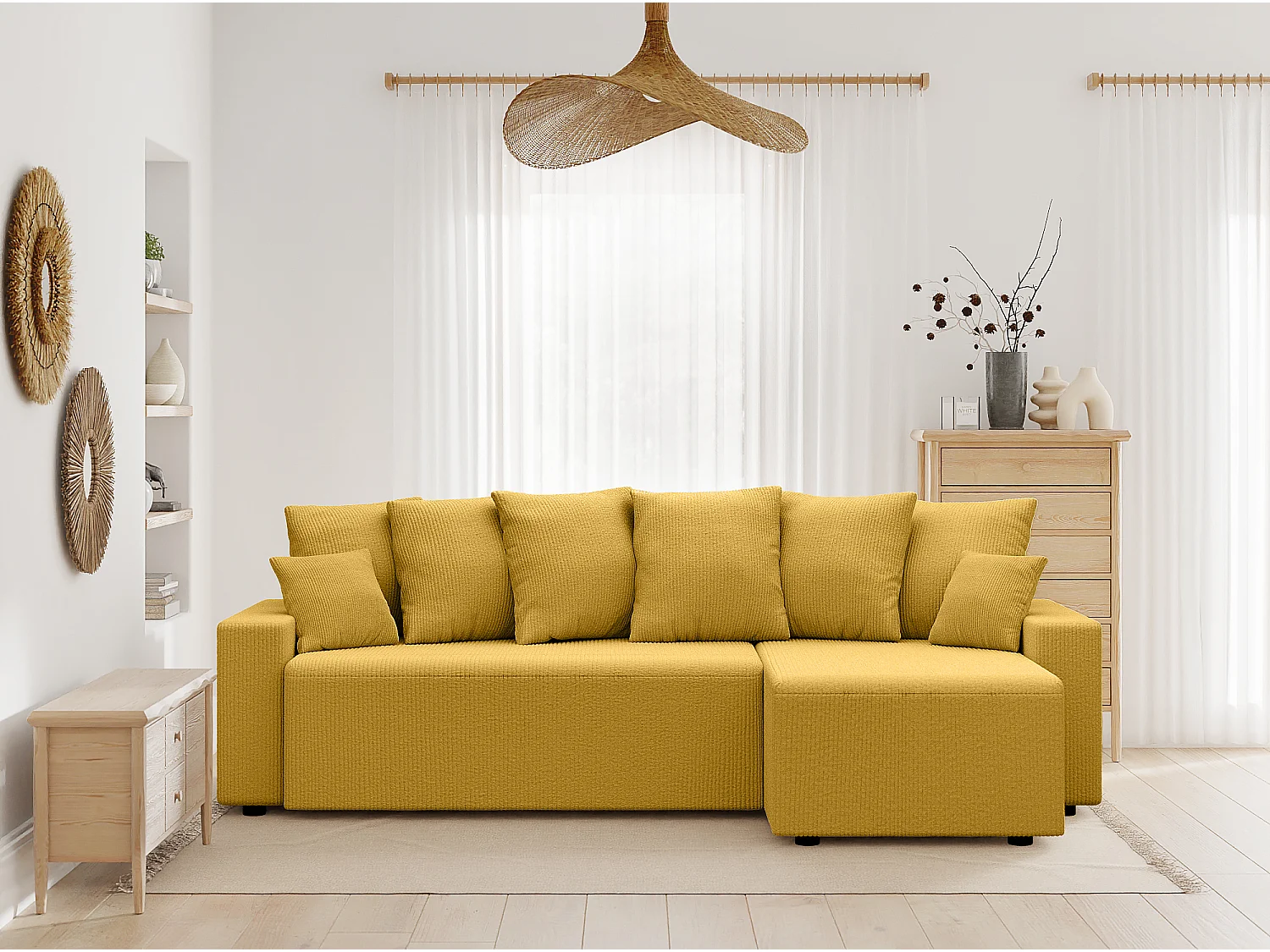 Canapé d'angle ALMA convertible velours côtelé jaune 4 places
