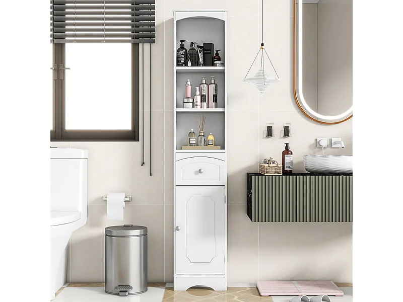 Colone de salle de bain - H 170 cm - avec 1 tiroir et étagères réglables - Blanc