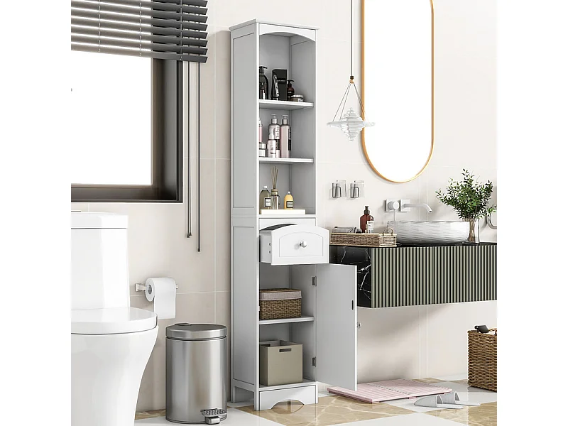 Colone de salle de bain - H 170 cm - avec 1 tiroir et étagères réglables - Blanc