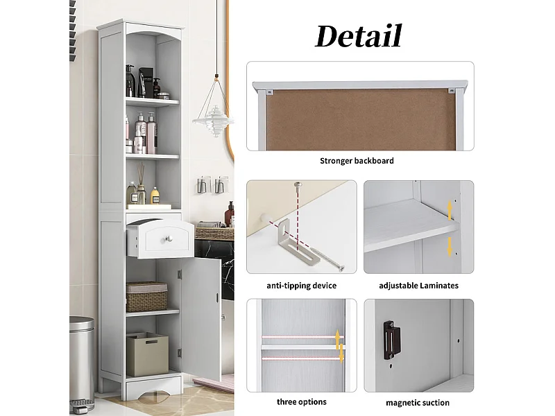 Colone de salle de bain - H 170 cm - avec 1 tiroir et étagères réglables - Blanc