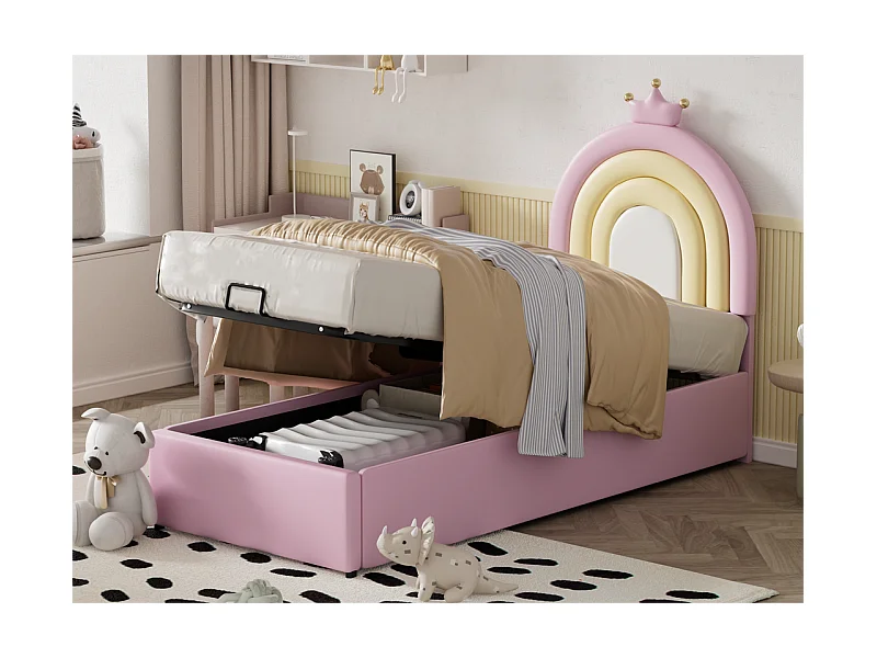 Kinderbett mit Stauraum 90 x 200 cm – aus Kunstleder – mit höhenverstellbarem Kopfteil – mit Lattenrost – Rosa