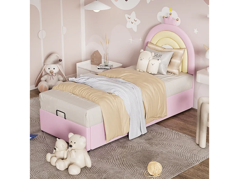 Cama canapé infantil 90x200 cm - de polipiel - con cabecero regulable en altura - con somier de láminas - Rosa