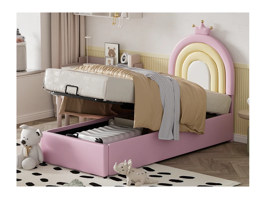 Lit coffre pour enfant 90x200cm - en similicuir - avec tête de lit réglable en hauteur - avec sommier à lattes - Rose