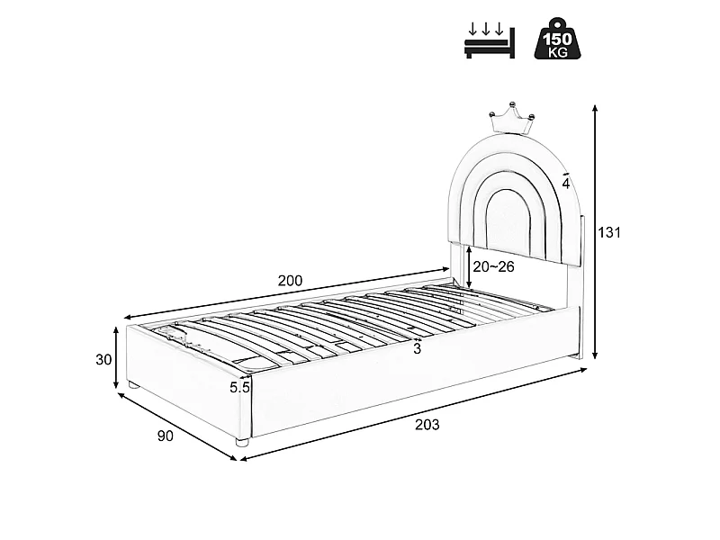 Kinderopbergbed 90x200cm - in kunstleer - met in hoogte verstelbaar hoofdeinde - met lattenbodem - Roze
