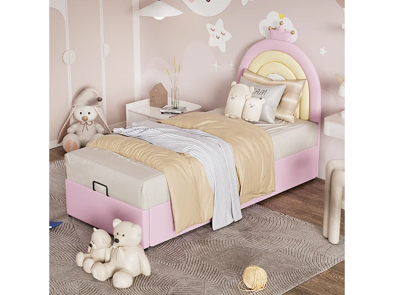 Kinderopbergbed 90x200cm - in kunstleer - met in hoogte verstelbaar hoofdeinde - met lattenbodem - Roze