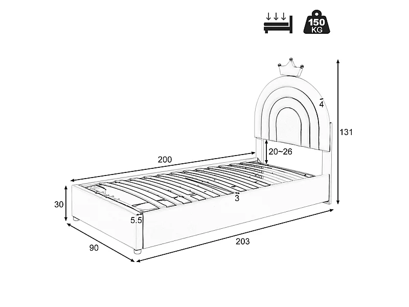 Kinderopbergbed 90x200cm - in kunstleer - met in hoogte verstelbaar hoofdeinde - met lattenbodem - Roze