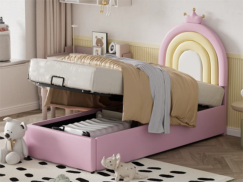 Kinderbett mit Stauraum 90 x 200 cm – aus Kunstleder – mit höhenverstellbarem Kopfteil – mit Lattenrost – Rosa