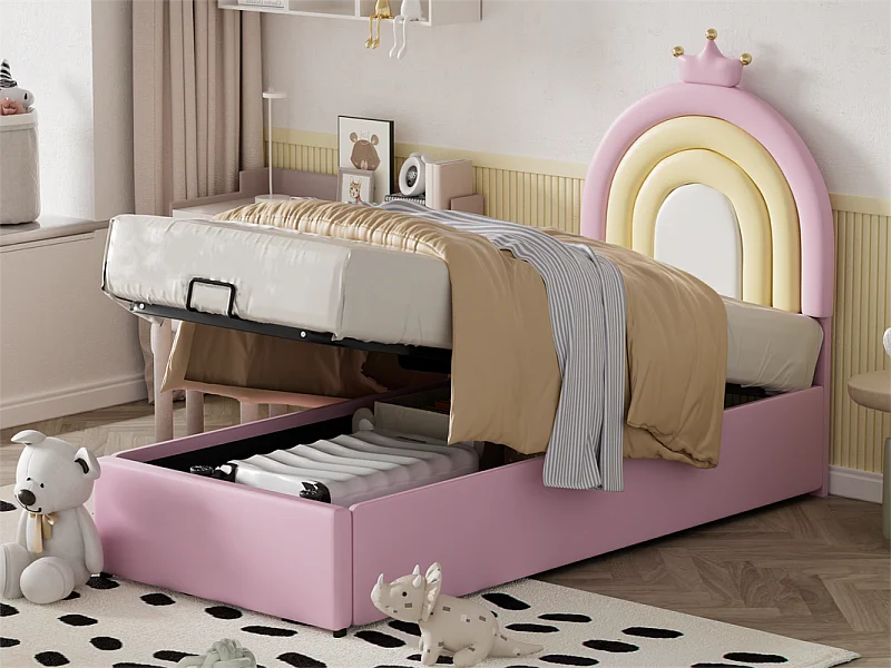 Kinderbett mit Stauraum 90 x 200 cm – aus Kunstleder – mit höhenverstellbarem Kopfteil – mit Lattenrost – Rosa